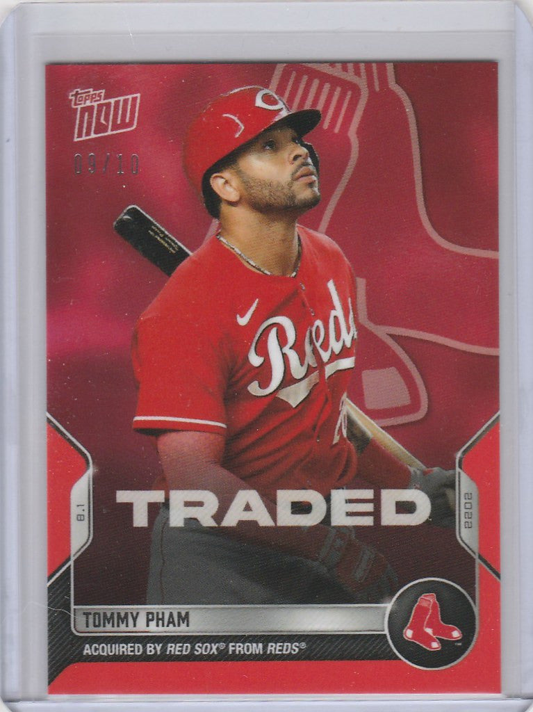 Baseball trading card of Tommy Pham in Red Cincinnati Reds uniform with TRADED text