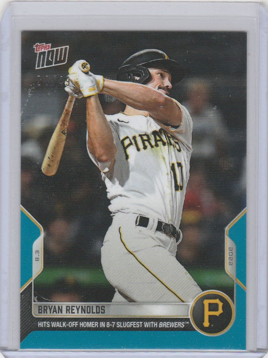 Baseball card of Bryan Reynolds Pittsburgh Pirates player in mid-swing action