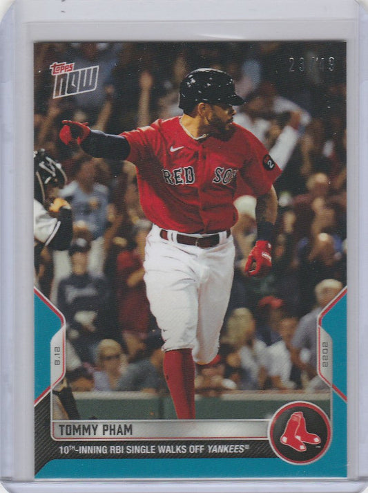 Baseball card of Tommy Pham in batting stance for Boston Red Sox collectors