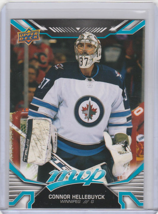 Hockey trading card of Connor Hellebuyck in Winnipeg Jets jersey, Upper Deck MVP