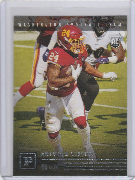 Football trading card of Antonio Gibson running with the ball, number 24, Washington Commanders