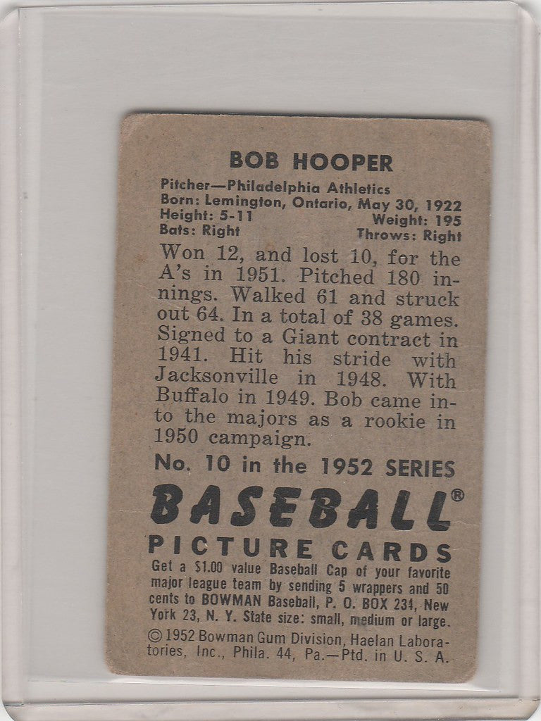 Vintage baseball card of Bob Hooper featuring statistics for Philadelphia Athletics