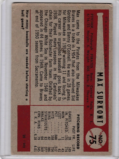 Vintage 1954 Bowman #75 Max Surkont Pittsburgh Pirates baseball card with player stats