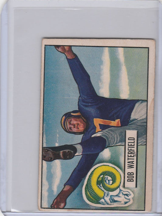 Vintage Bowman Football card of Bob Waterfield in blue Los Angeles Rams uniform