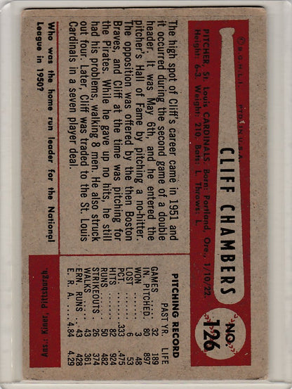 Vintage 1954 Bowman baseball card of Cliff Chambers St Louis Cardinals with stats and bio