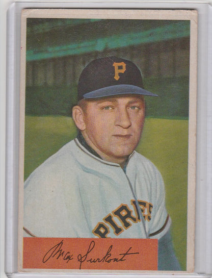 Baseball card of Max Surkont in Pittsburgh Pirates uniform and cap from 1954 Bowman