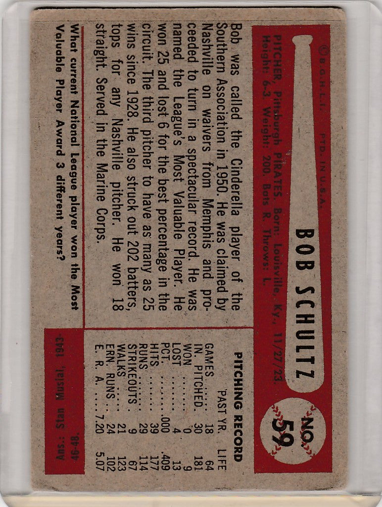 Vintage baseball card of Bob Schultz Pittsburgh Pirates with player stats and bio