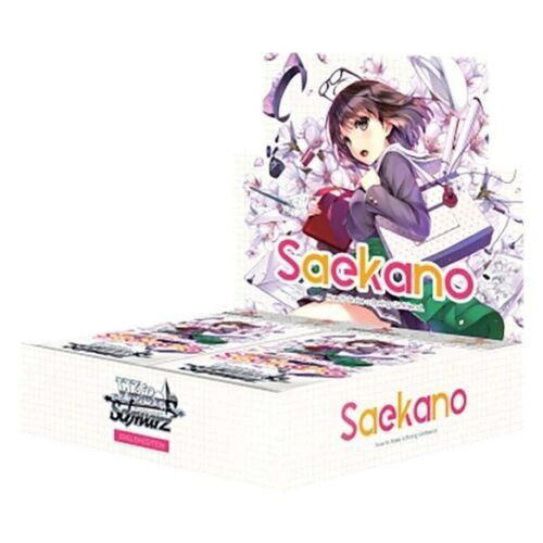 Anime-style trading card game box for Weiss Schwarz Saekano featuring colorful character design