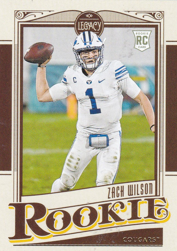 Zack Wilson RC Rookie trading card of New York Jets quarterback in white uniform