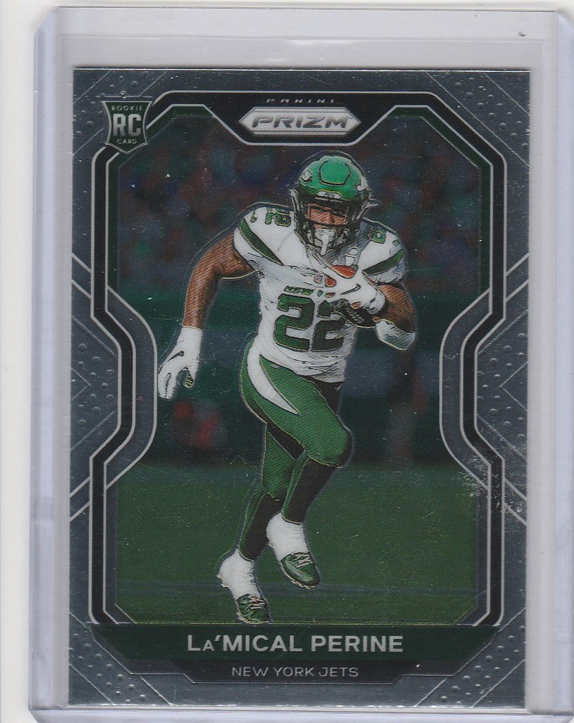 Football trading card of La’Mical Perine running for the New York Jets from Panini Prizm