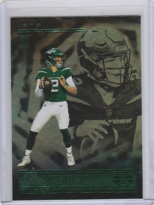 Football trading card of Zach Wilson in throwing stance from Panini Illusions Green