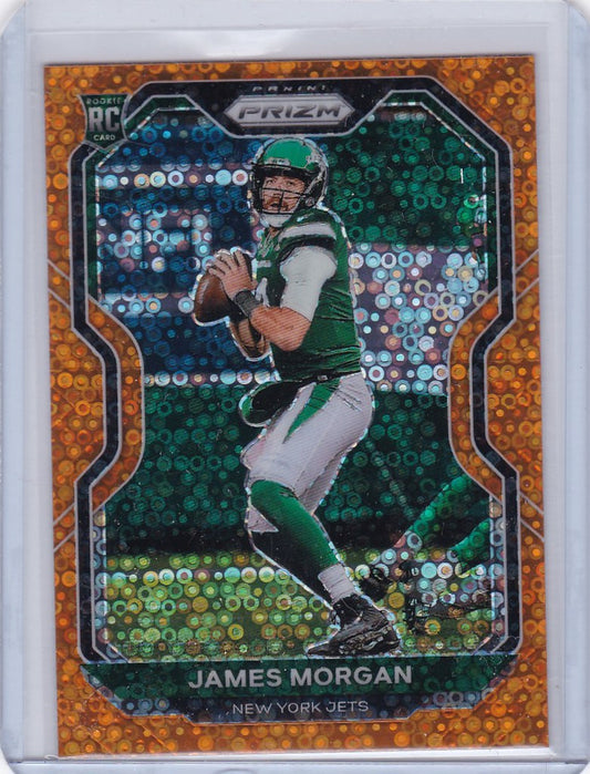 Football trading card of James Morgan Orange Disco Prizm in throwing stance