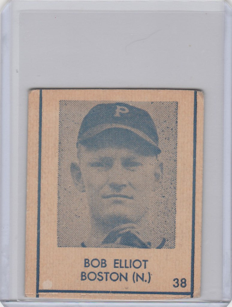 Vintage 1948 R346 Blue Tint baseball card of Bob Elliot from the Boston Braves