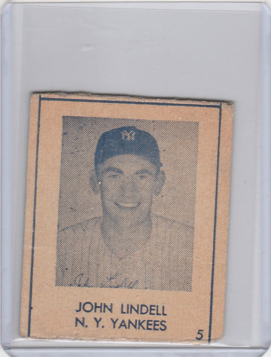 Vintage 1948 R346 Blue Tint baseball card of smiling N.Y. Yankees player John Lindell