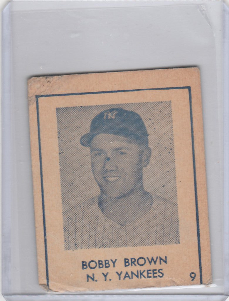 Vintage 1948 R346 Blue Tint baseball card of Bobby Brown, New York Yankees player