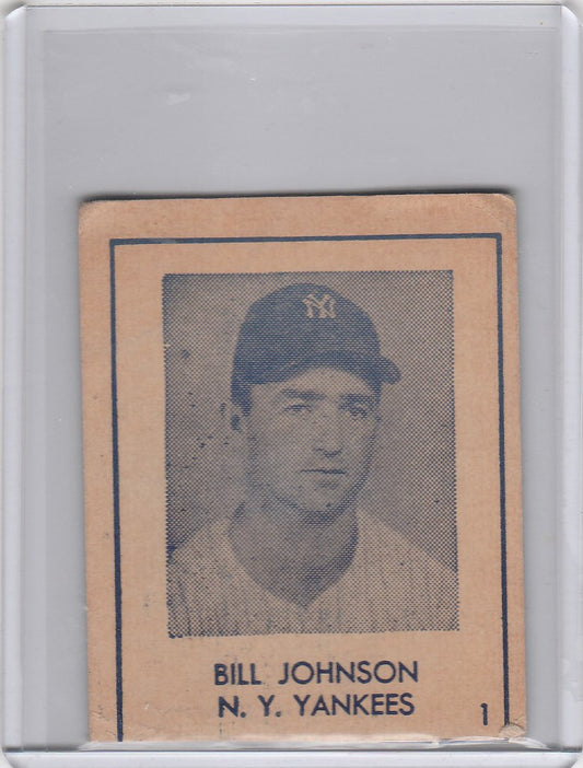 Vintage 1948 R346 Blue Tint baseball card of New York Yankees player Bill Johnson