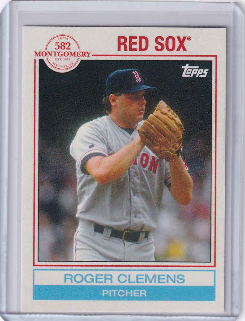 Baseball card of Roger Clemens in a Boston Red Sox uniform with glove