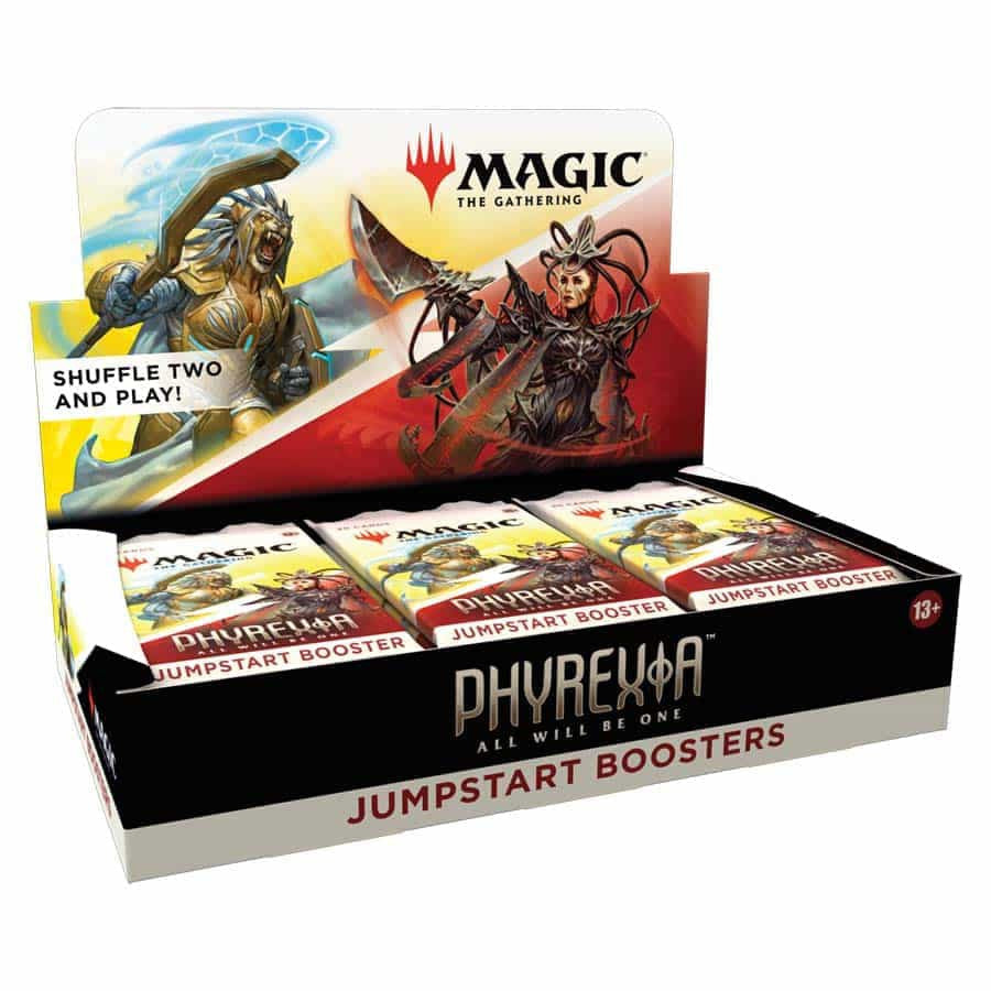 Box of Magic: The Gathering Phyrexia Jumpstart Boosters featuring rare card designs