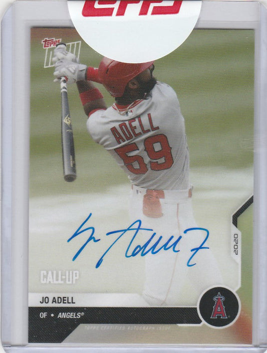 Baseball card of Jo Adell swinging bat with autograph, 2020 Topps Now Platinum Auto