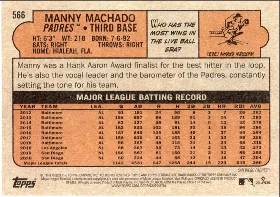 2021 Topps Heritage High Number Manny Machado San Diego Padres #566