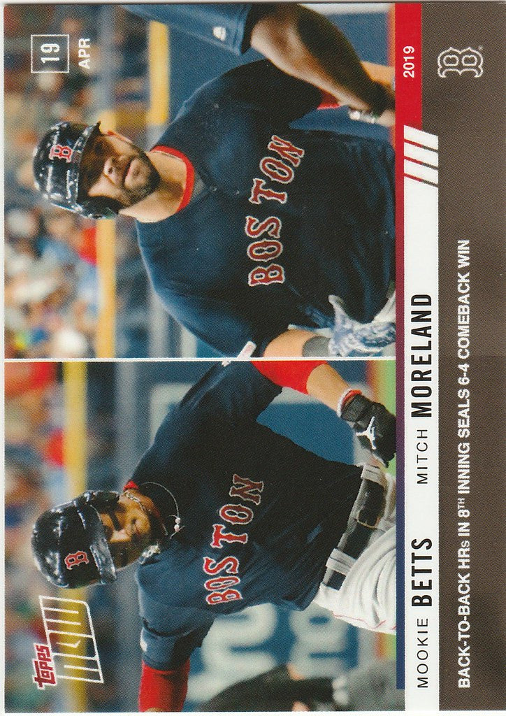 Baseball trading card of Mookie Betts showcasing Boston Red Sox action shots