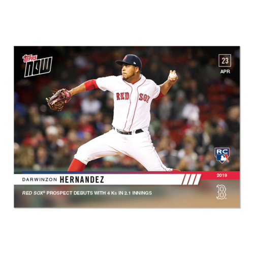 Baseball card of Darwinzon Hernandez in mid-throw for Red Sox prospect debut