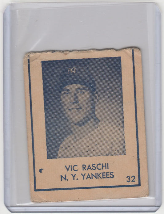 Vintage baseball card of Vic Raschi from New York Yankees R346 Blue Tint series