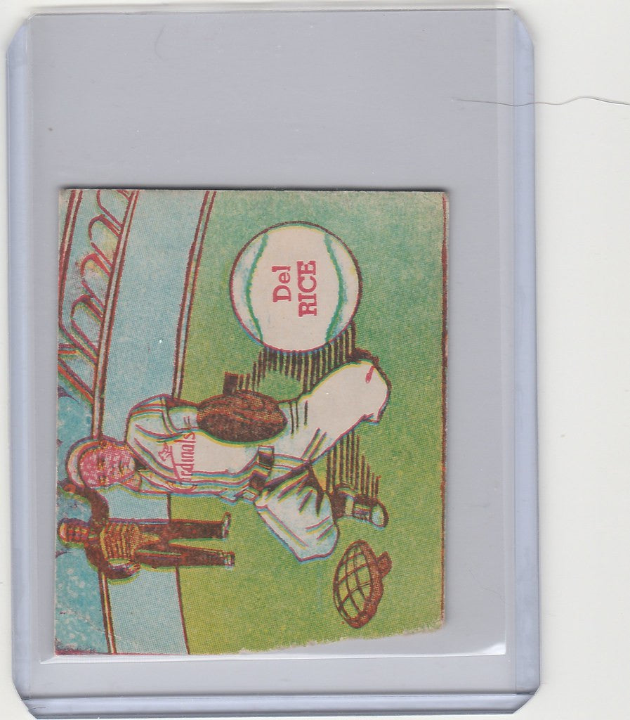 Vintage baseball trading card of Del Rice, St. Louis Cardinals player illustration