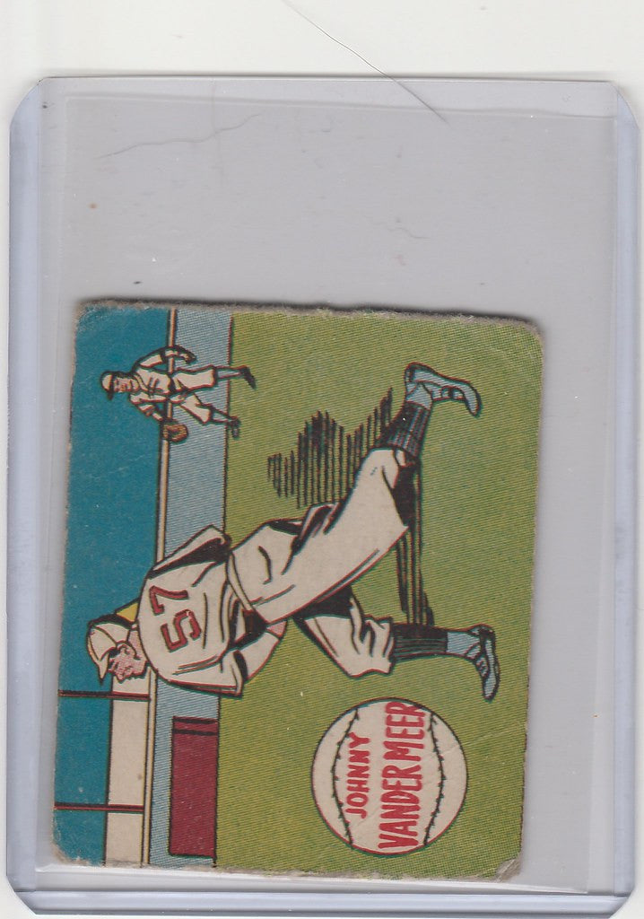 Vintage baseball card of Johnny Vander Meer sliding into base for the Cincinnati Reds