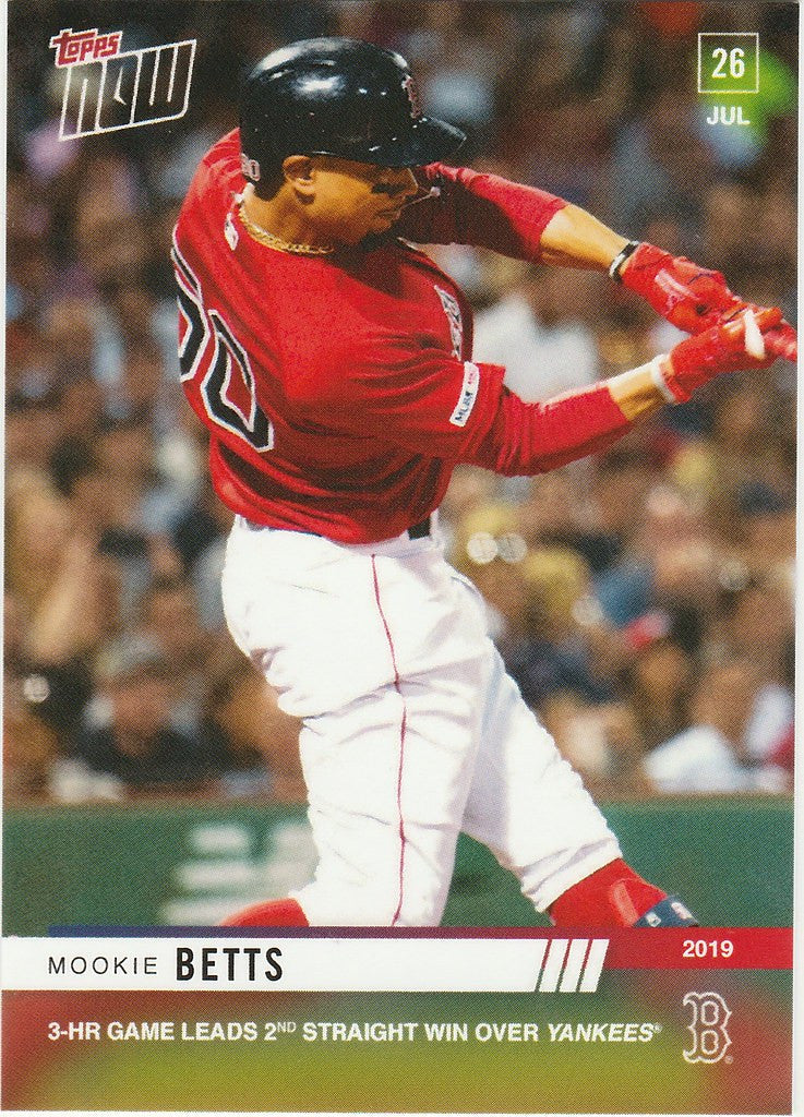 Baseball player in red Boston Red Sox uniform swinging bat, Mookie Betts highlights