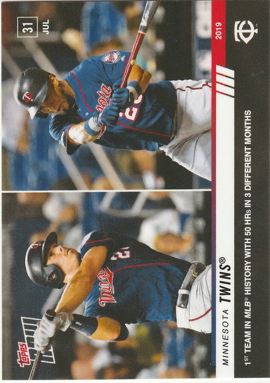 Baseball card featuring Minnesota Twins player batting for home runs in 2019 TOPPS NOW trading cards