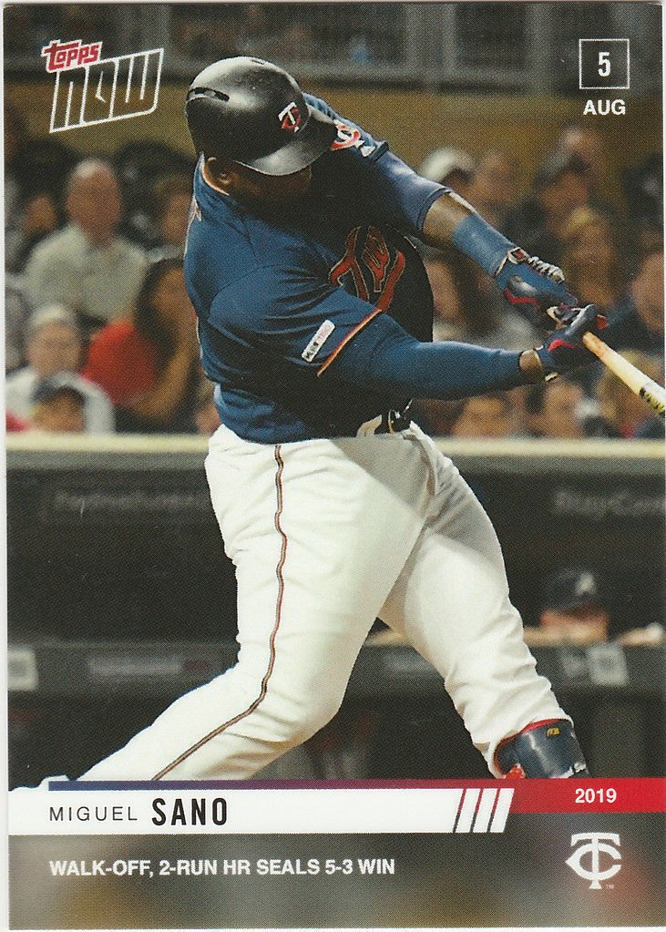 Baseball player in blue jersey swings bat, representing Miguel Sano walk off home run Minnesota Twins