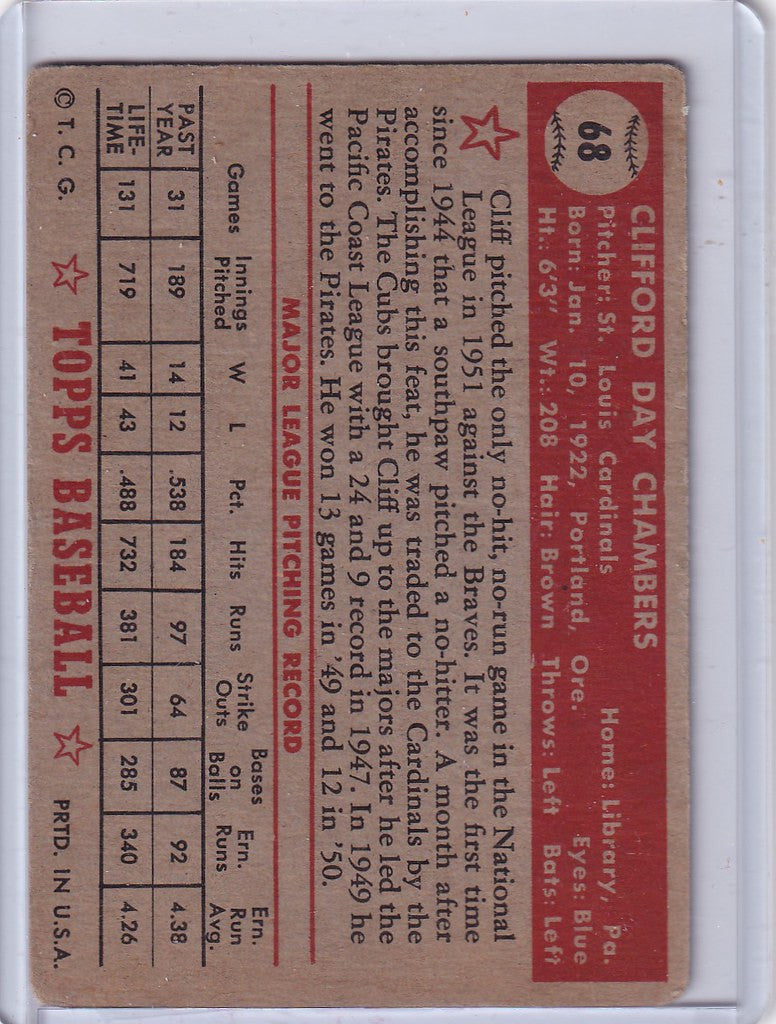 Vintage 1952 Topps Baseball card featuring Cliff Chamber St Louis Cardinals statistics