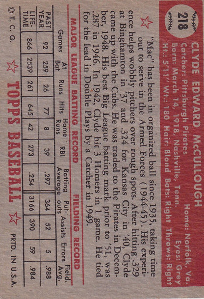 Vintage 1952 Topps Baseball card of Clyde McCullough Pittsburgh Pirates player statistics