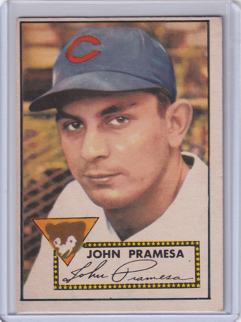 Baseball card of John Pramesa in a Chicago Cubs cap from 1952 Topps Baseball