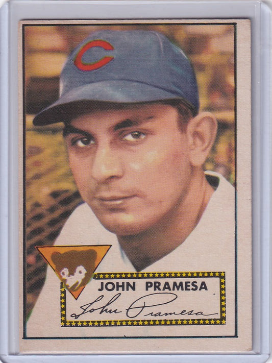 Baseball card of John Pramesa in a Chicago Cubs cap from 1952 Topps Baseball