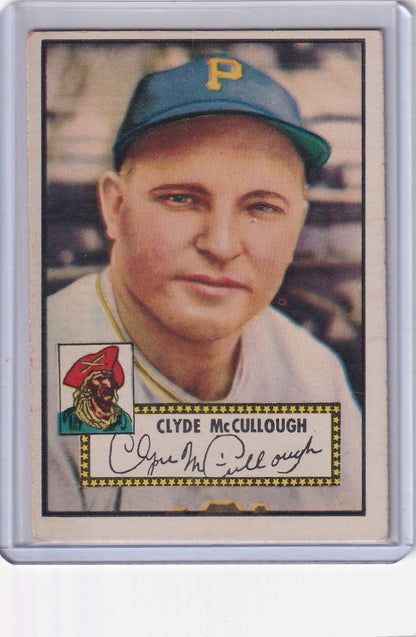 Baseball card of Clyde McCullough, Pittsburgh Pirates, in a blue cap with a P logo