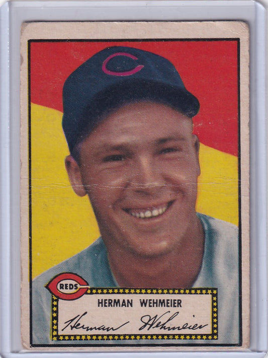 Baseball card of Herman Wehmeier Cincinnati Reds player in cap from 1952 Topps Baseball