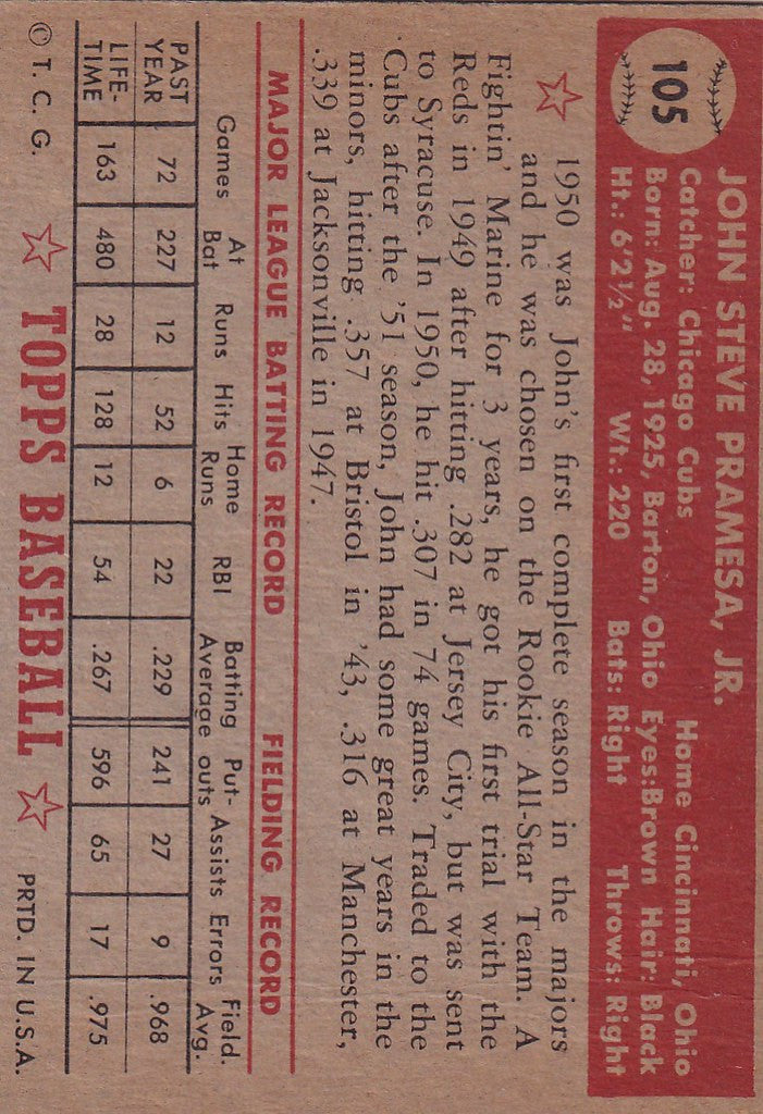 Vintage 1952 Topps Baseball card of John Pramesa Chicago Cubs player statistics