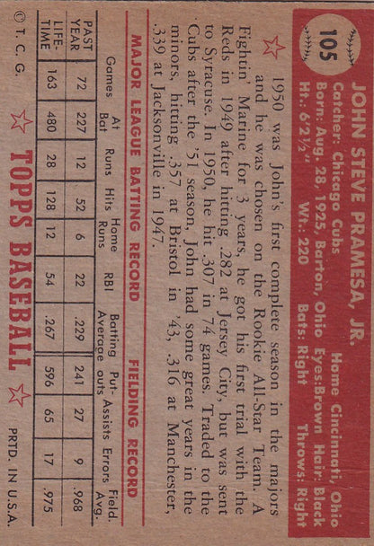 Vintage 1952 Topps Baseball card of John Pramesa Chicago Cubs player statistics