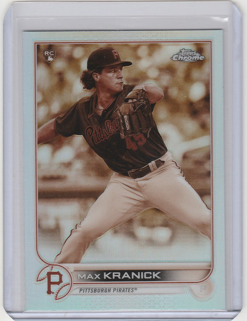 Baseball card of pitcher Max Kranick in dark Pirates jersey from Topps Chrome Sepia