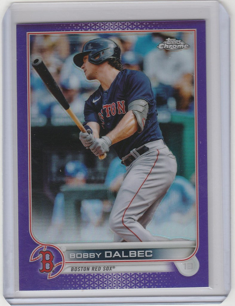 Baseball card of Bobby Dalbec in batting stance, Topps Chrome Purple, Boston Red Sox