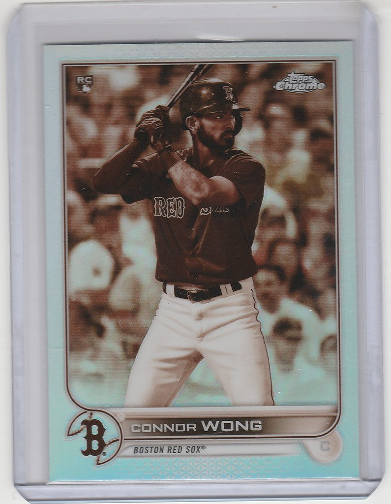 Baseball card of Connor Wong at bat for Boston Red Sox in Topps Chrome Sepia