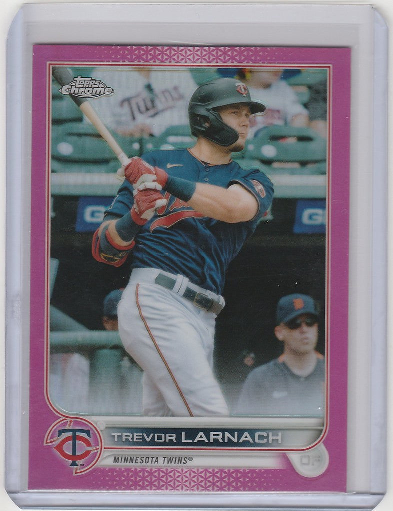 Baseball card of Trevor Larnach swinging bat in 2022 Topps Chrome Pink design