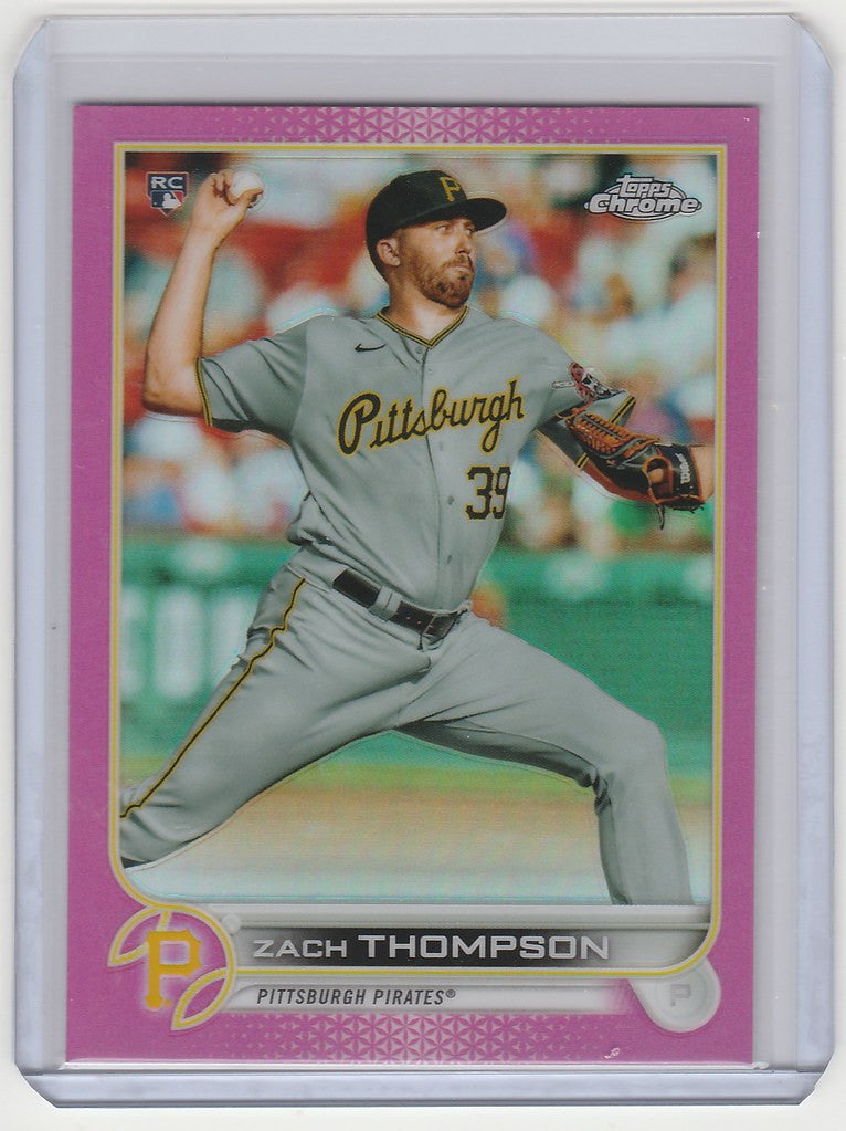 Baseball card of Pittsburgh Pirates pitcher mid-throw from Topps Chrome Pink series