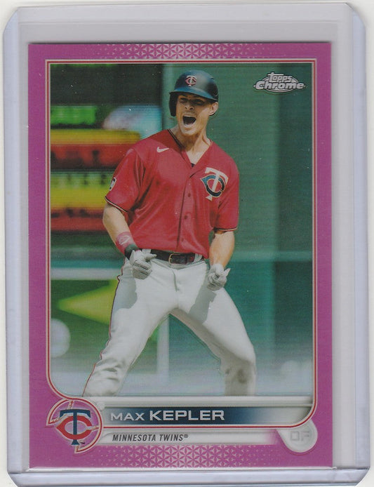 Baseball trading card of Max Kepler in red jersey from Topps Chrome Pink collection