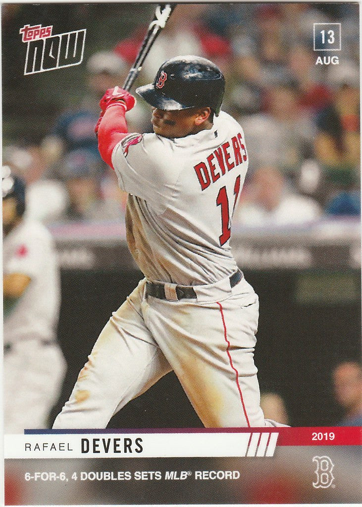 Baseball player Rafael Devers in Boston Red Sox uniform swinging bat for 2019 TOPPS NOW