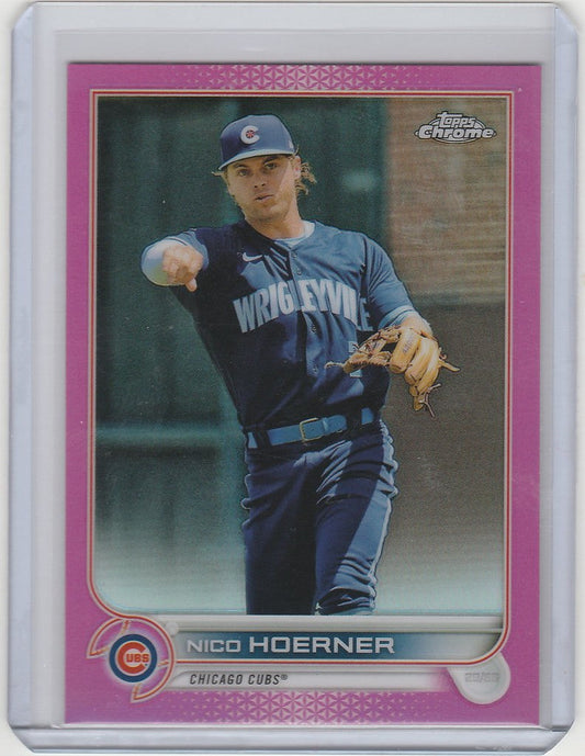 Baseball card of Nico Hoerner throwing for Chicago Cubs in Topps Chrome Pink design