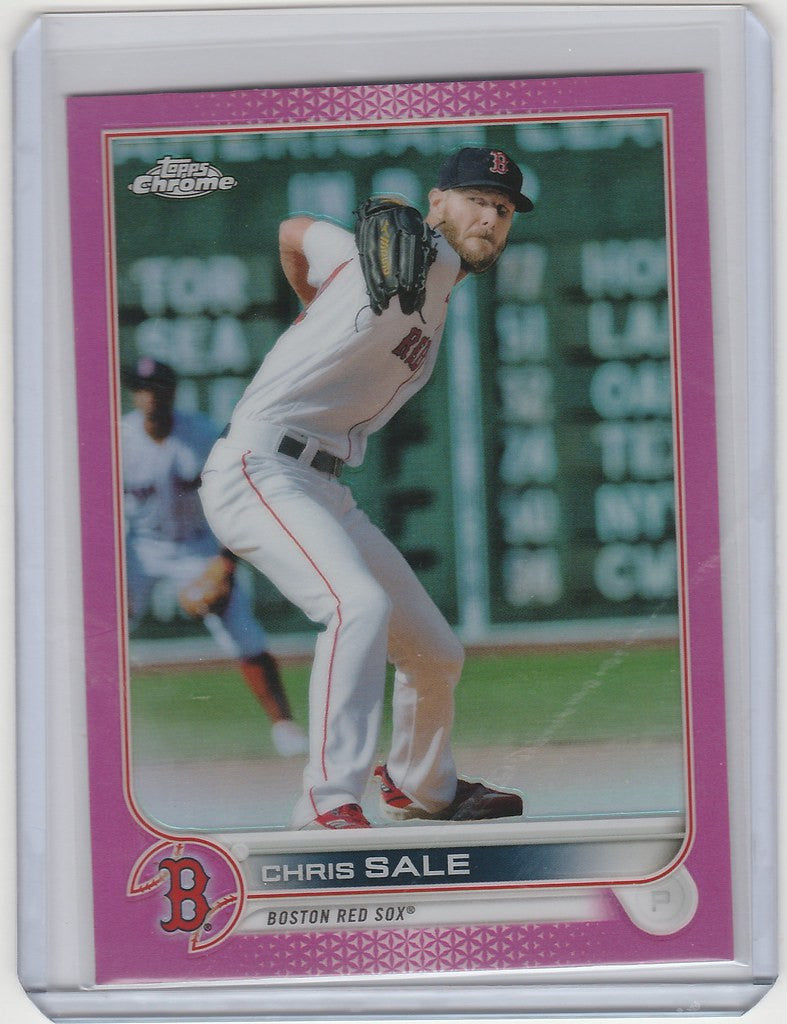 Baseball card of Chris Sale pitching, 2022 Topps Chrome Pink, Boston Red Sox