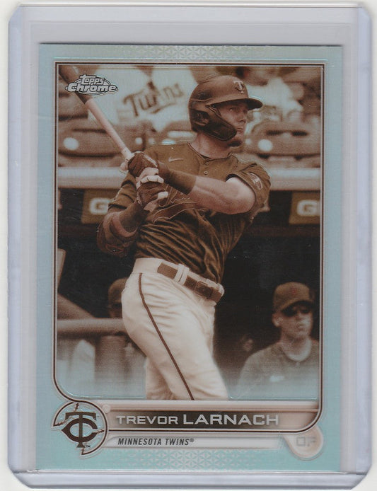 Baseball card of Trevor Larnach in batting stance, Minnesota Twins, Topps Chrome Sepia